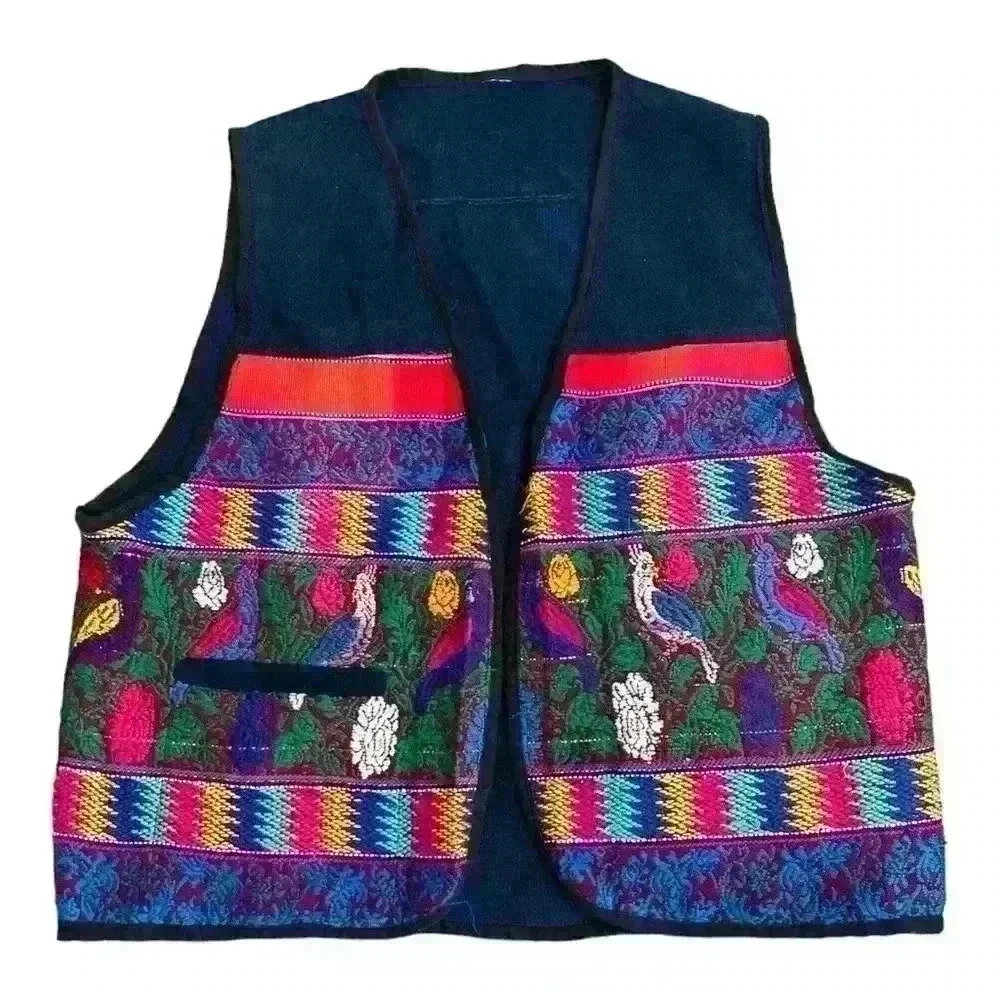 Handmade Denim Embroidered Vest Folk Art Colorful Boho Size Medium *has flaw*